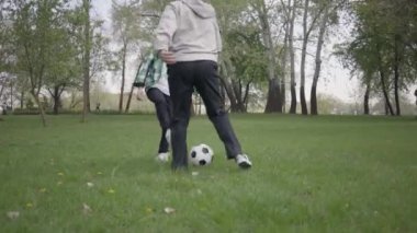 Küçük çocuk parkta babası ya da dedesi ile futbol ya da futbol oynuyor. Çocuk topu almaya çalışıyor ama adam ona izin vermiyor. Açık havada oynayan aile