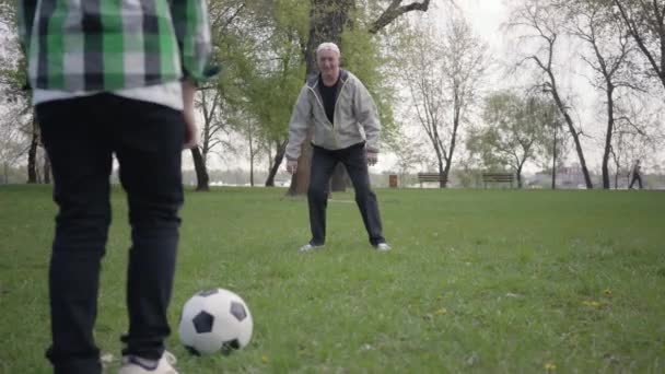 Küçük çocuk parkta babası ya da dedesi ile futbol ya da futbol oynuyor. Çocuk topu almaya çalışıyor ama adam ona izin vermiyor. Açık havada oynayan aile — Stok video