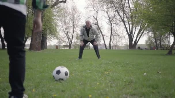 O neto acertou a bola e o avô falhou o golo. Happy cute boy jumping in the foreground while old man walking for the soccer ball. Família se divertindo ao ar livre, estilo de vida ativo — Vídeo de Stock