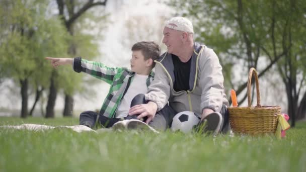 Viejo sentado con su nieto en la manta del parque. El chico señalando, mostrando algunos detalles al hombre. Vacaciones familiares al aire libre. El abuelo pasa tiempo con su nieto. Concepto de generaciones — Vídeos de Stock