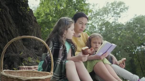 Porträtt ganska Senior kvinna sitter på täcket under trädet i parken läsa boken. Två bedårande barnbarn sitter nära äta bagels. Lycklig familj vilar utomhus. Lunch tid — Stockvideo