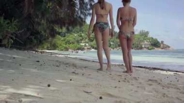 Seyşeller. Praslin Adası. Palmiye, ağaçlar, mavi muhteşem su ile inanılmaz harika adanın plajda yürüyüş mayo iki ince kız. Tropikal ada lüks tatil