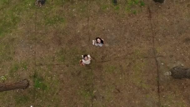 Top view of young women wear summer dresses standing in the top of rock and looking at amazing view of nature. Adorable girlfriends spending weekend together outdoors. Shooting from the drone. — Stock Video