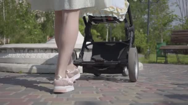 Maman méconnue marche avec un nouveau-né le roulant dans une poussette à l'extérieur . — Video