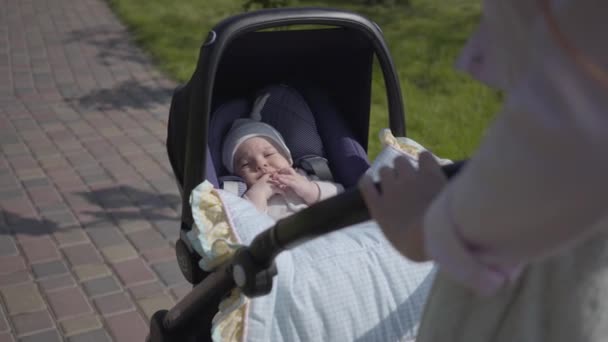 Hermosa mujer inclinada sobre un cochecito en el parque. La señora disfrutando del día soleado con su bebé al aire libre. Madre joven caminando con un niño — Vídeos de Stock