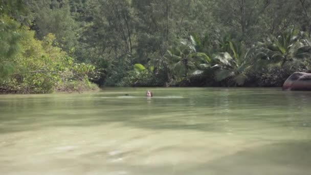 Seychelles. La isla Praslin. La chica nada en el agua en una isla exótica en el Océano Índico. Paraíso en la Tierra. Turismo, relax, vacaciones, concepto de viaje . — Vídeo de stock