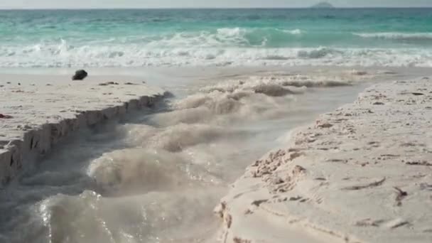 Seicheles. Ilha Praslin. Limpar poderosa corrente de água que flui para o mar close-up. Bela praia vazia com areia branca e água azul. Ondas limpas rolam na praia. Turismo, conceito de férias — Vídeo de Stock