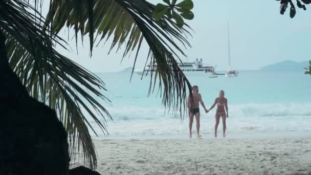 Seychelles. Praslin Island. Happy couple resting on the beach on island. Pretty woman in swimwear taking the hand of her husband. The man and woman on the sandy beach. Tourism, relax, vacation, travel — Stok video