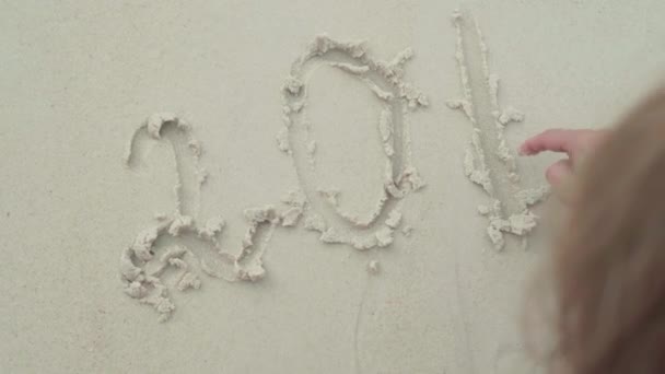 Seychelles. Praslin Island. Woman hand writing 2019 on the white sand with her finger, a clean sea wave washing signature away. Tourism, relax, vacation, travel concept — Stock Video