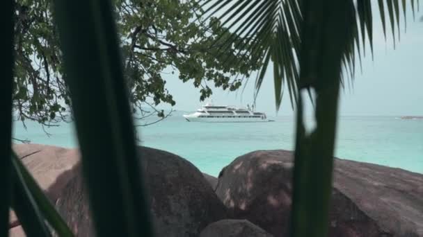 Seychelská. Ostrov Praslin. Krásná soukromá jachta v modré mořské vodě na pozadí. Střílí zpoza palem a velkými kameny. Turistika, relaxace, dovolená, cestování — Stock video