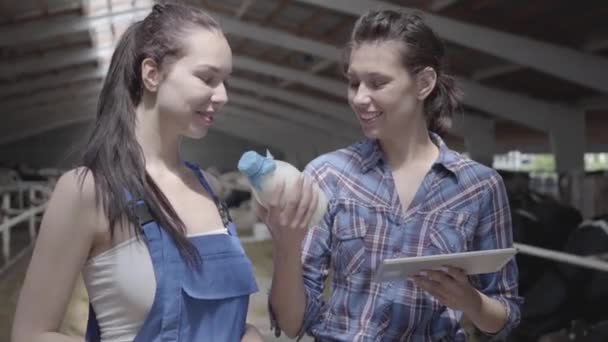 Retrato de dos lindas trabajadoras en la granja de vacas comprobando la calidad de la leche en la botella. Una chica sosteniendo la tableta en la mano. Industria agrícola, agricultura y ganadería — Vídeos de Stock