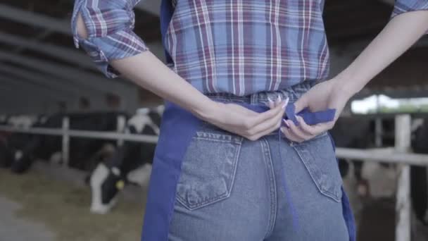 Eine bis zur Unkenntlichkeit verkleidete junge Arbeiterin auf dem Kuhhof bindet eine Schürze, bevor sie zur Arbeit geht. Landwirtschaft, Landwirtschaft und Tierhaltung — Stockvideo