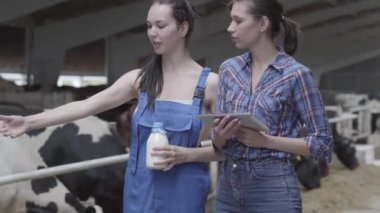 Portre iki sevimli kadın çiftçi işçiler sığır çiftliği şişe süt kalitesini kontrol. Bir kız elinde tablet tutuyor. Tarım endüstrisi, tarım ve Hayvancılık konsepti