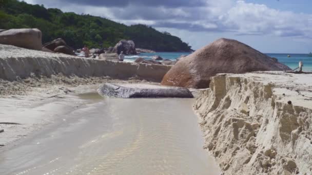 Seychelles. La isla Praslin. Un pequeño arroyo fluye hacia el océano. Turismo, relax, vacaciones, concepto de viaje — Vídeo de stock