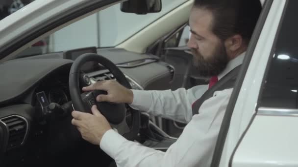 Portrét atraktivní, vousatý obchodník sedící ve voze a zkoumá nově zakoupené auto z dealerství. Autosalon. Koncepce reklamy. — Stock video