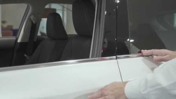 Porträtt attraktiv säker skäggiga affärs man sitter i fordonet och inspekterar nyinköpt bil från bil handlaren. Bil showroom. Reklam koncept. — Stockvideo