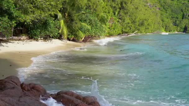 Seychelles. La isla Praslin. Hermosa vista de la playa de arena, el océano y las olas onduladas. Árboles exóticos crecen a lo largo de la costa de una isla tropical. Movimiento lento . — Vídeos de Stock