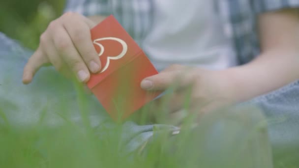 Küçük kırmızı bir kutu tutan ve açan çocuk, çimenlerin üzerinde açık havada oturan, kıza hediye hazırlanıyor. Yaz tatili. Aşık çocuk — Stok video