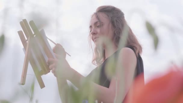 Ritratto di ragazza piuttosto sorridente che dipinge sul cavalletto che si stende sul campo di papavero. Giovane artista all'aperto. Connessione con la natura. Amore concetto di natura . — Video Stock