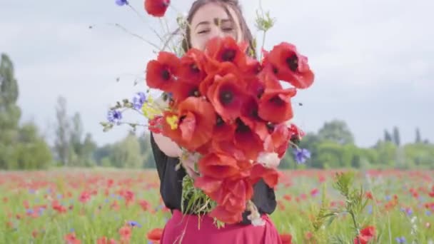肖像漂亮的年轻女孩手里拿着花束，看着站在罂粟田里的相机。与自然的联系。绿色和红色和谐。大自然中的休闲. — 图库视频影像
