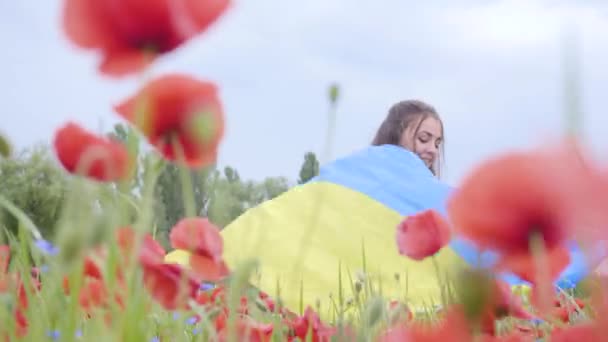 Retrato jovem dançando em um campo de papoula segurando bandeira da Ucrânia em mãos ao ar livre. Conexão com a natureza, patriotismo. Lazer na natureza. Papoilas florescentes. Liberdade . — Vídeo de Stock