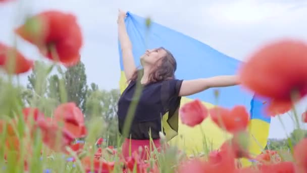 Очаровательная молодая женщина танцует на маковом поле, держа флаг Украины в руках на открытом воздухе. Связь с природой, патриотизм. Отдых на природе. Цветущие маки. Свобода . — стоковое видео