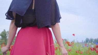 Tanınmaz genç ince kız bir haşhaş tarlasında yakın çekim yürüyor. Doğayla bağlantı. Özgür ruh, duygular, tutku. Açık havada boş zaman, yaz eğlencesi