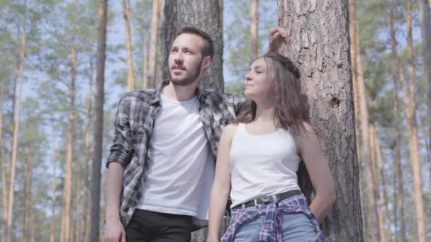 Retrato de jovem bonito e mulher bonita olhando para longe em pé na floresta de pinheiros. Conceito de acampar. Lazer e viagem à natureza. Bonito casal ao ar livre . — Vídeo de Stock