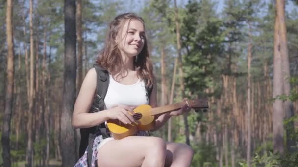 Retrato de uma jovem bonita a tocar ukulele num pinhal. Amante da natureza relaxando sozinho ao ar livre. Unidade com a natureza selvagem. A menina está acampando — Vídeo de Stock