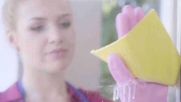 Close-up face of pretty smiling blond girl washing the window with window rag in the room. Cleaning day. Housekeeping household housework and cleaning service concept. — Stock Video