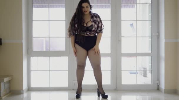 Pretty half gekleed plus size meisje in visnet panty poseren voor de camera, dansen, schudden haar prachtig haar. Een sensuele mollige jonge vrouw in erotische kleding voor het raam van de vloer tot het plafond — Stockvideo