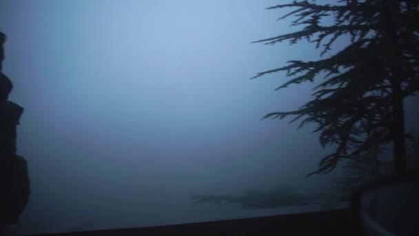 Vue de la route brumeuse pluvieuse avec la nature pittoresque de la voiture de conduite le long de la route pendant le voyage. Chypre. Mouvement lent . — Video