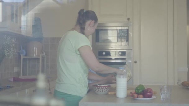 Vista laterale della giovane donna e della sua piccola figlia che cucinano la torta a casa in cucina. La ragazza e la madre mescolando la farina nella ciotola trasparente. Mamma e bambino trascorrono del tempo insieme — Video Stock