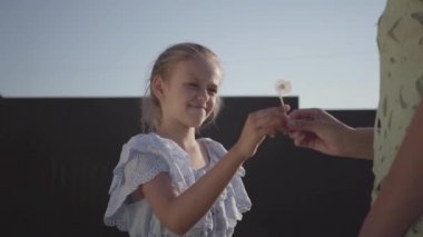 Güzel nazik kızı annesi bir karahindiba çiçek veren ve köyde yaz akşamı ona gülümseyen