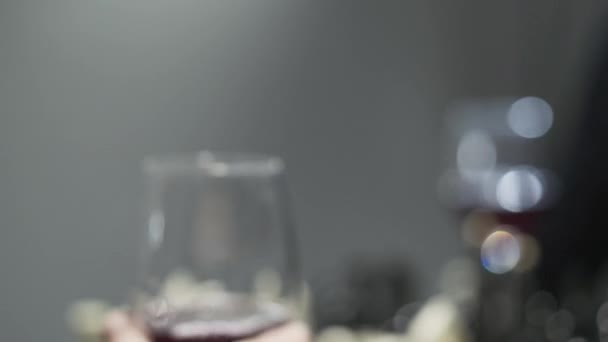 Κοντινό πλαίσιο ενός ανθρώπου με αυτοπεποίθηση σε δερμάτινο μπουφάν που πίνει κόκκινο κρασί από το κοντινό γυαλί. Ο εραστής του αλκοόλ αναπαύεται μόνος. Φωτογραφία σε στούντιο — Αρχείο Βίντεο