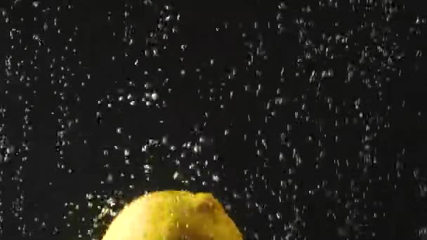 Limone fresco che cade in acqua con bolle su fondo nero. Bacche fresche nell'acqua. Bacche biologiche, frutta, cibo sano. Al rallentatore. Video con acceleratori . — Video Stock