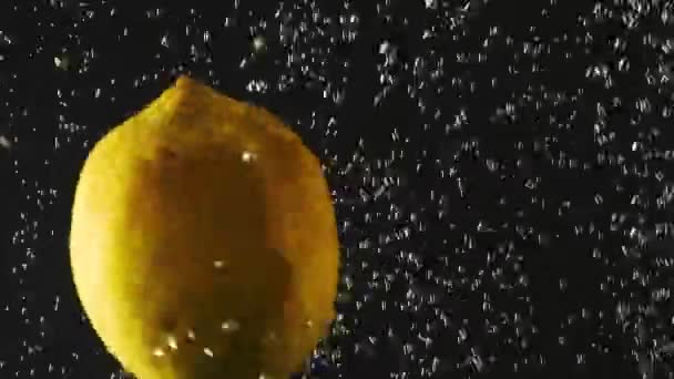 Citron frais tombant dans l'eau avec des bulles sur fond noir. Des baies fraîches dans l'eau. Baies biologiques, fruits, aliments sains. Au ralenti. Vidéo avec accélérateurs . — Video