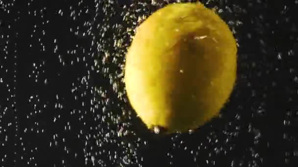 Citron frais tombant dans l'eau avec des bulles sur fond noir. Des baies fraîches dans l'eau. Baies biologiques, fruits, aliments sains. Mouvement lent . — Video