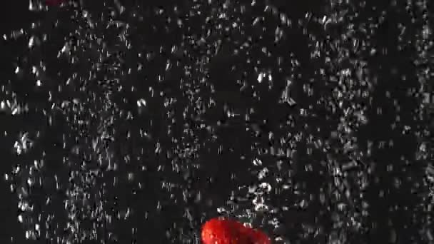 Caída de fresas frescas salpicando en agua con gas sobre fondo negro. De cerca. — Vídeo de stock