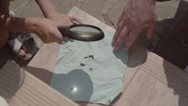 Hands of little girl and her father burning the napkin using loupe close-up. The child explores the world under the supervision of a parent. Summertime leisure — Stock Video