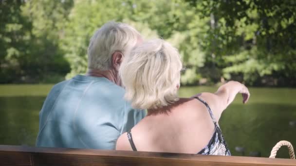 Vista trasera de una feliz pareja madura sentada en el banco cerca del río, admirando la naturaleza, señalando con los dedos. Hombre y mujer mayores relajándose juntos. Ocio exterior — Vídeos de Stock