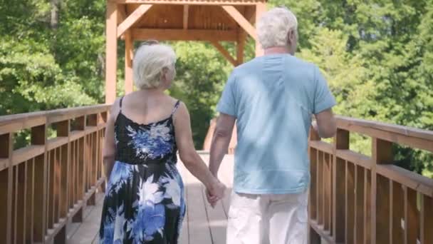 Зрелая пара, идущая по мосту, держась за руки. Элегантная старшая женщина в летнем платье и ее муж проводит время вместе. Романтическое свидание. Нижний вид — стоковое видео