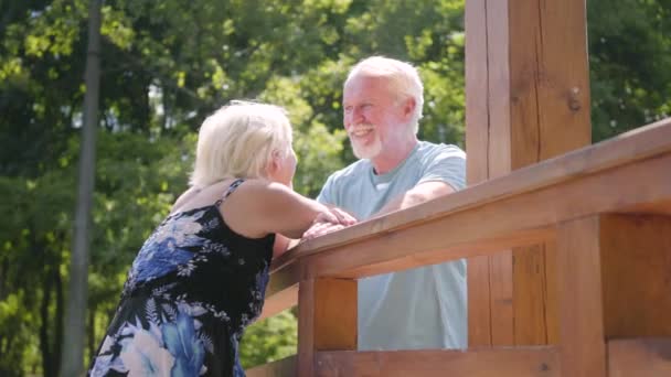 Pareja madura parada en el puente hablando y sonriendo. Hermosa mujer mayor en vestido de verano y hombre barbudo en una cita. Relación romántica — Vídeos de Stock