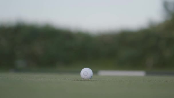 Mão de um homem irreconhecível empurrando a bola de golfe com os dedos e colocando-a no buraco, em seguida, mostrando o polegar para cima. Lazer de verão. Diversão ao ar livre — Vídeo de Stock