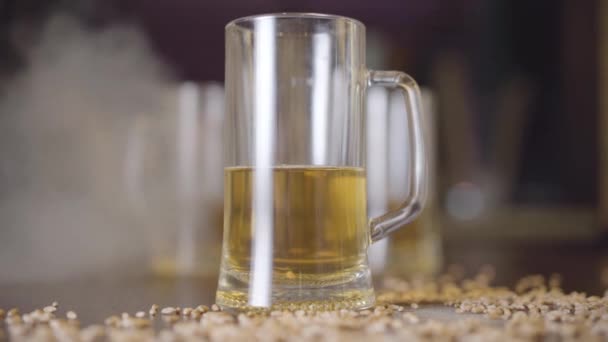 Κοντινό-up το ποτήρι της μπύρας στέκεται στο τραπέζι στο μπαρ στο σύννεφο του τσιγάρου καπνού. Φυστίκι που ψεκάζονται δίπλα στο γυαλί. — Αρχείο Βίντεο