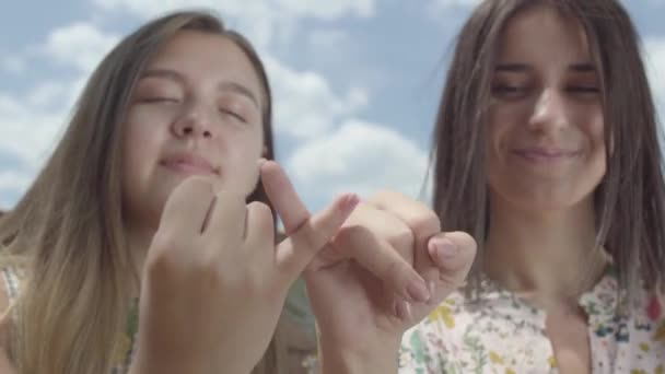 Close-up de meninas atraentes pegando uns aos outros dedos pequenos e sorrindo, olhando para a câmera na frente do céu azul. Um gesto conciliatório, um conceito de amizade. Lazer de verão. Vista inferior — Vídeo de Stock