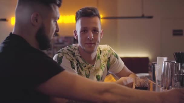 Twee volwassen lachende mannen zittend aan de bar glimlachen en praten. Bebaarde man emotioneel het delen van zijn probleem met zijn vriend over het glas van Elit alcohol. Dag uit — Stockvideo