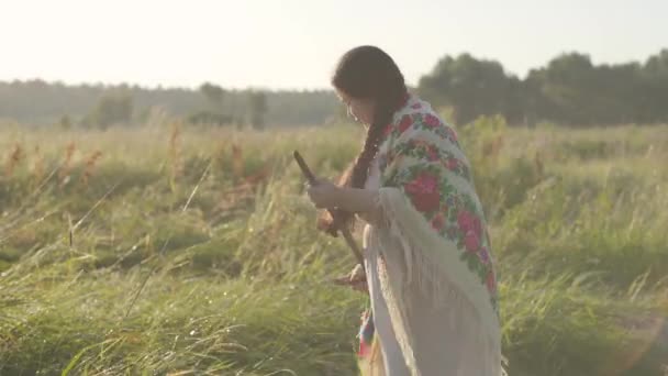 可爱的丰满的女人修剪草与在绿色的夏季田野上的草。民俗，传统。在现场工作。女农民在他的农场里工作日出背景。真正的农村妇女. — 图库视频影像