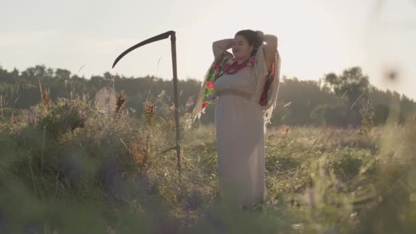 Hermosa mujer con sobrepeso con una guadaña trenzándose el pelo a la luz del sol en el verde campo de verano. Hermoso paisaje. Folclore, concepto de tradiciones. Trabaja en el campo. Mujer rural real . — Vídeos de Stock