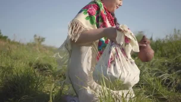 Hermosa mujer con sobrepeso sentada en la hierba silvestre con el frasco de barro y la difusión de un pañuelo con alimentos que se preparan para comer. Concepto de tradiciones, conexión con la naturaleza. Estilo de vida — Vídeos de Stock